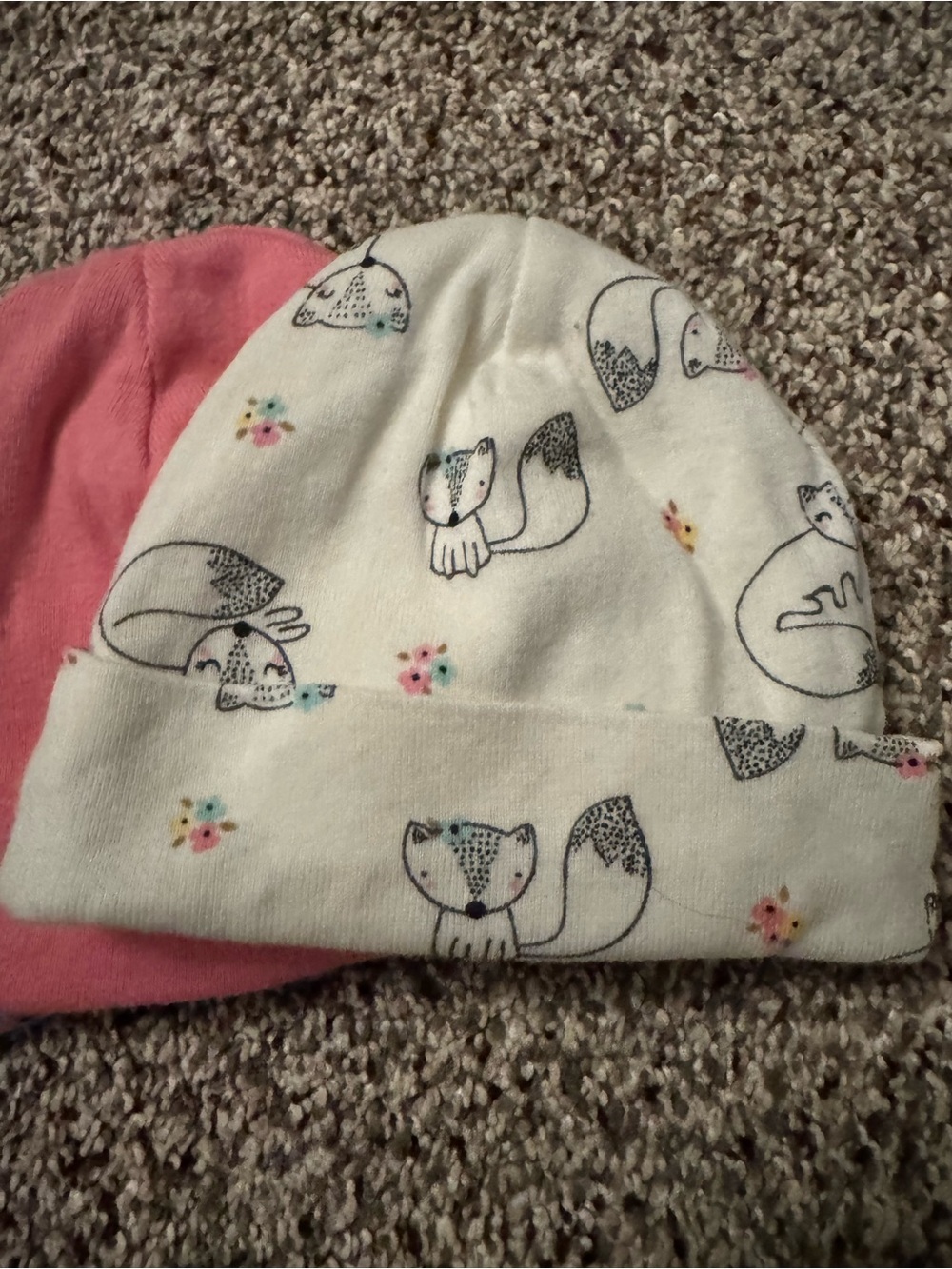 Pink and Cream Fox Print Baby Beanie - 3 set